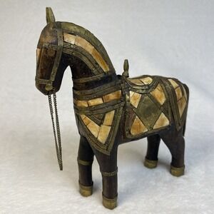 VTG Hand Carved Wood Horse‎ Statue Inlaid Brass Copper Mother of Pearl 7"